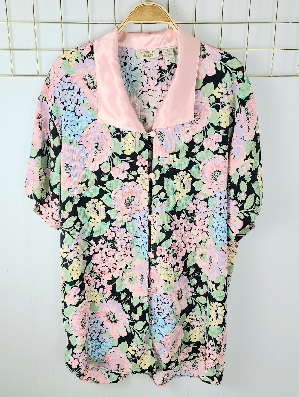 Victoria's Secret Gold Label Pink Black Floral Print Vintage Sleep Shirt